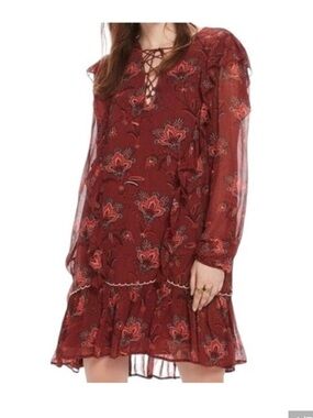Scotch & Soda Fantastique Burgundy Floral Lace-Up Ruffle Dress Small ❤️❤️